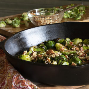 Spicy Brussels Sprouts with Garlic Almond Crunch
